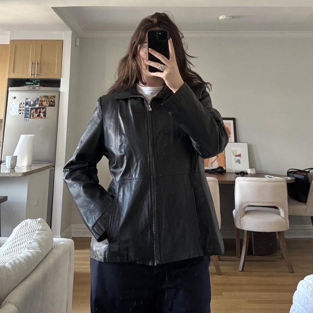Women's Black Leather Zip Jacket with Classic Collar